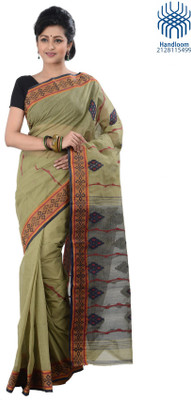 

Tantuja Self Design Tangail Handloom Cotton Saree(Green, Blue), Dark khaki