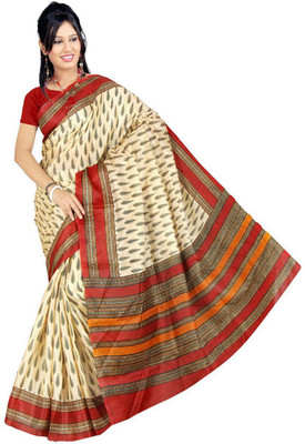 

Ishin Printed Fashion Art Silk Saree(Beige), Beige & red