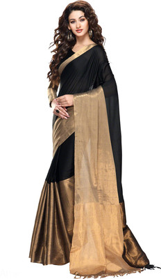

Ishin Woven Fashion Cotton Saree(Black), Black & golden