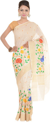 

Kdc Sarees Embroidered Banarasi Handloom Linen Saree(White)