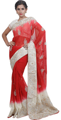 

Adaab Embroidered Bollywood Georgette Saree(Red), Beige;red