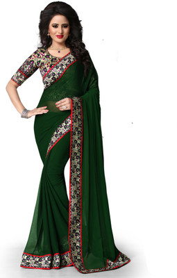 Indianbeauty Solid, Printed Fashion Georgette Saree(Dark Green)