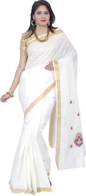 

Fashionkiosks Embroidered Fashion Handloom Cotton Saree(White), White gold