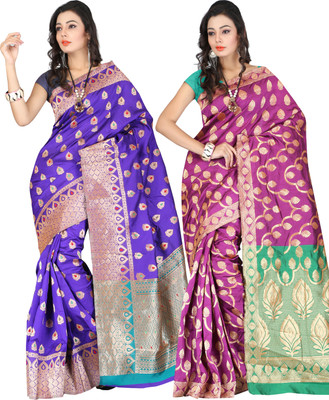 

It's Banii Woven Banarasi Handloom Banarasi Silk Saree(Pack of 2, Blue, Pink)