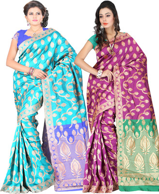 

It's Banii Woven Banarasi Handloom Banarasi Silk Saree(Pack of 2, Blue, Pink)