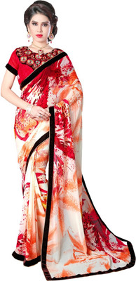 

Lovelylook Embroidered Fashion Georgette Saree(Multicolor), Off white & red