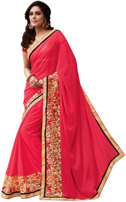 

Desi Butik Embroidered Fashion Georgette Saree(Pink)