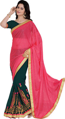 

Lovelylook Embroidered Daily Wear Jacquard, Georgette Saree(Pink, Green), Pink & dark green