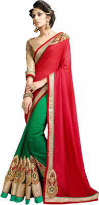 

Khushali Self Design, Embroidered, Embellished Fashion Jacquard, Georgette Saree(Red, Green, Beige, Beige;green;red