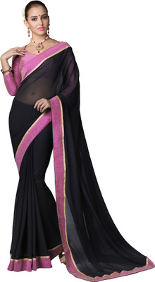 Khoobee Self Design Fashion Georgette Saree(Black, Pink, Beige), Beige;black;pink