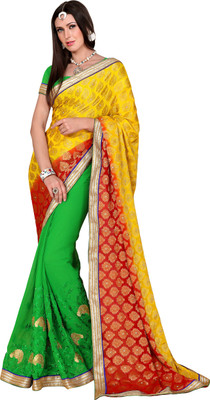 

Khoobee Self Design, Embroidered, Embellished Fashion Chiffon Saree(Red, Green, Yellow), Green;red;yellow