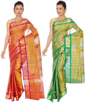 

Mahaveersilkcreations Woven Kanjivaram Pure Silk Saree(Pack of 2, Multicolor), Multi