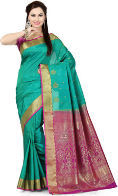 

Ishin Woven Fashion Poly Silk Saree(Green), Green & pink
