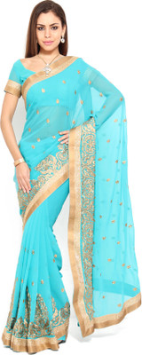 Soch Self Design, Solid Fashion Chiffon Saree(Blue, Gold), Light green