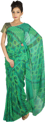 

Jaipur Kurti Printed Bandhej Georgette Saree(Green), Rama green