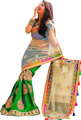 

Fabaron Enterprise Embroidered Fashion Georgette, Net Saree(Beige, Green)