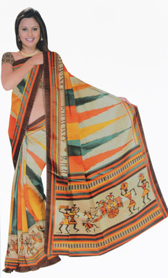 BPS Printed Bhagalpuri Handloom Printed Silk, Art Silk, Khadi, Silk Cotton Blend Saree(Multicolor), Brn dn-7173