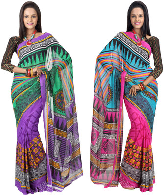 

Hawai Printed Fashion Georgette Saree(Pack of 2, Multicolor)