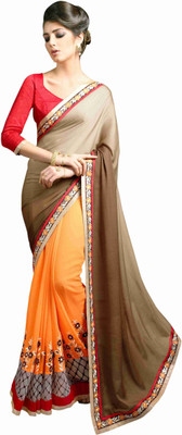 

Khoobee Self Design, Embroidered Fashion Georgette, Silk, Jacquard Saree(Beige, Brown, Orange, Red)