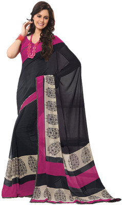 Indian Wear Online Printed Fashion Pure Chiffon Saree(Black)