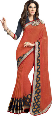 

Vandv Shop Embroidered Fashion Handloom Georgette Saree(Orange), Brown;orange