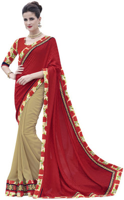 

Desi Butik Embroidered Fashion Satin, Jacquard, Georgette Saree(Red, Beige), Beige;red