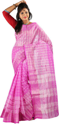 

Hawai Checkered Tant Handloom Cotton Saree(Pink), Light pink