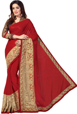 

M.S.Retail Embroidered Fashion Chiffon, Net Saree(Red), Cream