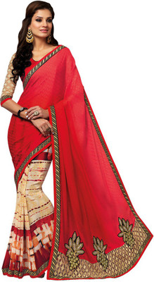 

Desi Butik Embroidered Fashion Georgette Saree(Pink, Red, White), Pink and red and cream