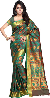 

Varkala Silk Sarees Woven Kanjivaram Saree(Dark Green, Red), Rama
