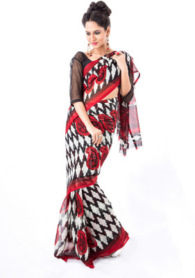 Cenizas Printed Fashion Chiffon Saree(Red, Black)