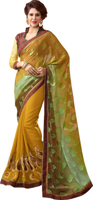 

Khoobee Self Design, Embroidered, Embellished Fashion Georgette, Jacquard Saree(Brown, Green, Yellow)