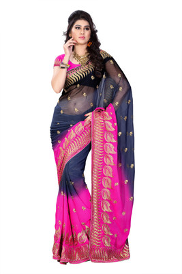 

JTInternational Embroidered Fashion Handloom Georgette Saree(Multicolor), Black;pink