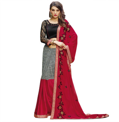 

Khushali Self Design, Embroidered, Embellished Fashion Georgette Saree(Red, Grey, Black), Black;grey;red