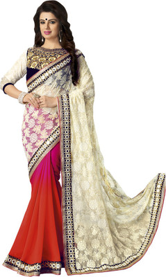 

Saara Embroidered Fashion Jacquard, Georgette Saree(White, Orange), Off-white and orange