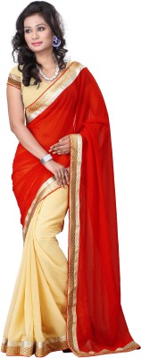 

Aai Shree Khodiyar Art Solid Bollywood Georgette Saree(Red, Beige), Multicolor