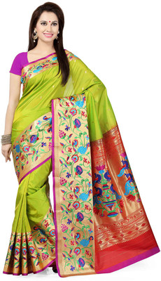 

Ishin Woven Fashion Poly Silk Saree(Green), Green & orange