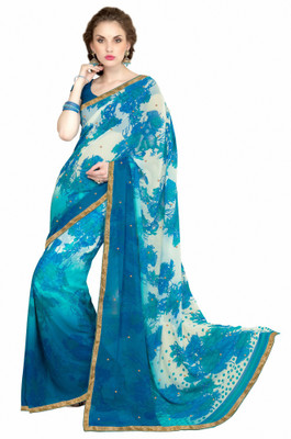 

Khoobee Self Design, Printed, Embellished Fashion Georgette Saree(White, Light Blue), Light blue;white