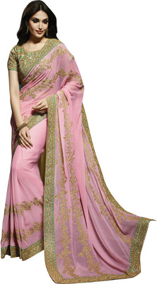 

Khoobee Self Design, Embroidered, Embellished Fashion Georgette Saree(Pink)