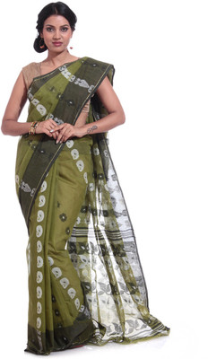 

Adaab Self Design Tant Handloom Cotton Saree(Green), Mehndi
