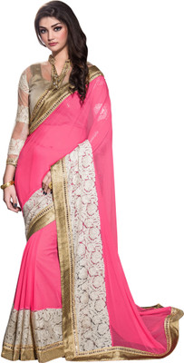

Khoobee Self Design, Embroidered, Embellished Fashion Georgette Saree(Pink, Beige), Beige;pink