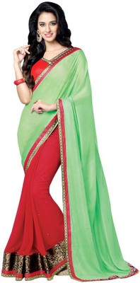 

Desi Butik Embroidered Fashion Georgette Saree(Red, Green), Red and pale green