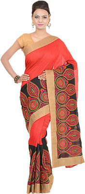 

Kdc Sarees Embroidered Banarasi Handloom Tussar Silk Saree(Red)