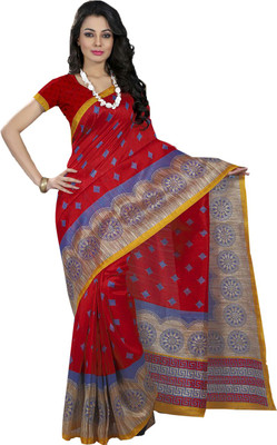 Ishin Printed Fashion Art Silk Saree(Red), Red & beige