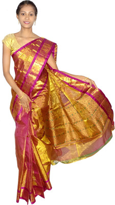 

Mahaveersilkcreations Woven Kanjivaram Handloom Silk Saree(Pink), Nice rose