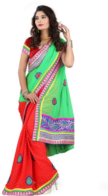 Rangbarshe Embroidered Fashion Georgette Saree(Green, Red)