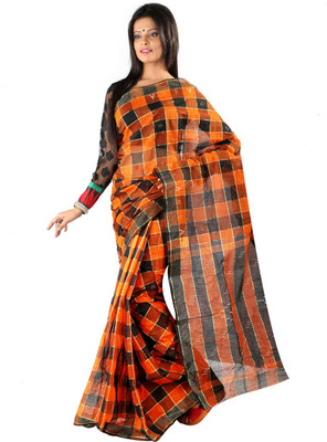 

Hawai Checkered Tant Handloom Cotton Saree(Multicolor)