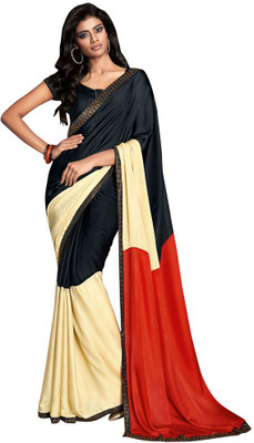 

Saara Floral Print Fashion Crepe Saree(Black, Orange), Black and orange