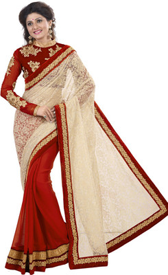 

Saara Embroidered Fashion Satin Saree(Red, White), Cre8me and red