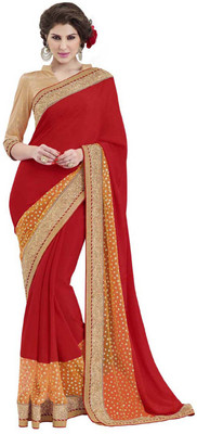 

Desi Butik Embroidered Fashion Satin, Chiffon Saree(Red)